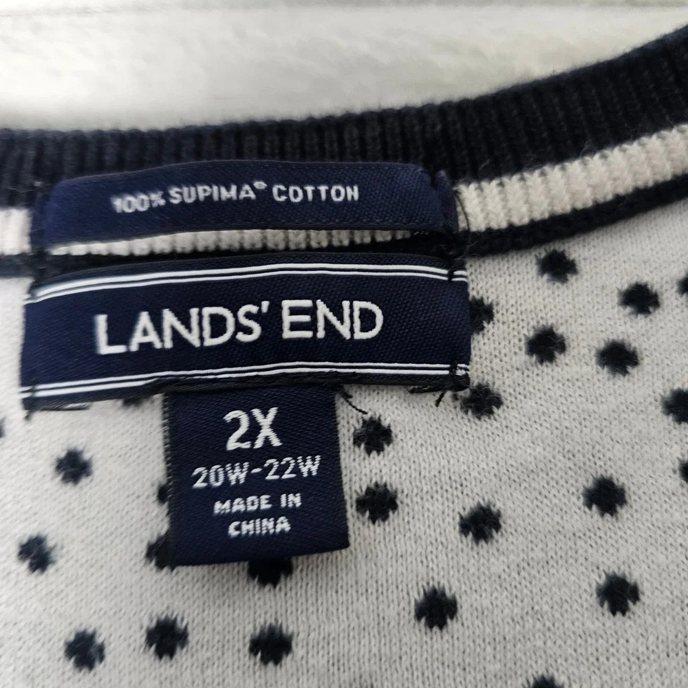 Lands End Womens‎ 2X Navy White Polka Dot Long Sleeve Supima Cotton Sweater